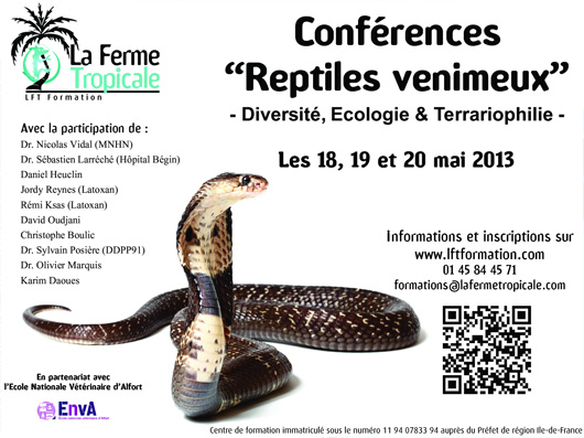 Conférences "Reptiles Venimeux-Diversité, Ecologie et Terrariophilie" à Paris (75), les 18, 19 et 20 mai 2013
