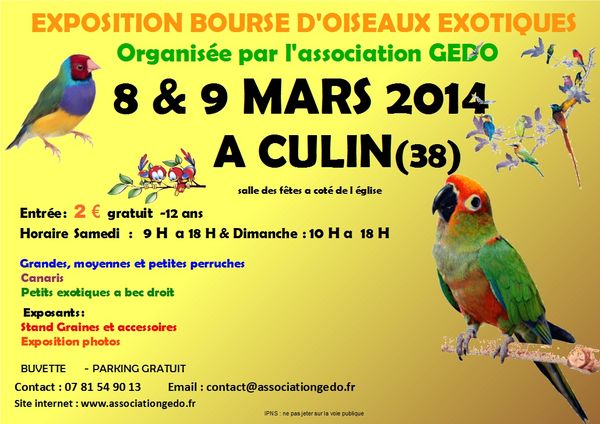 Exposition-bourse d'oiseaux exotiques à Culin (38), samedi 08 et dimanche 09 mars 2014