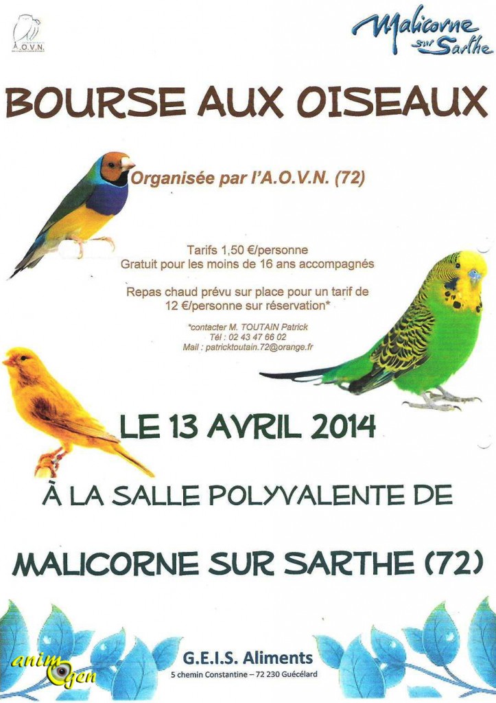 Bourse aux oiseaux à Malicorne sur Sarthe (72), le dimanche 13 avril 2014