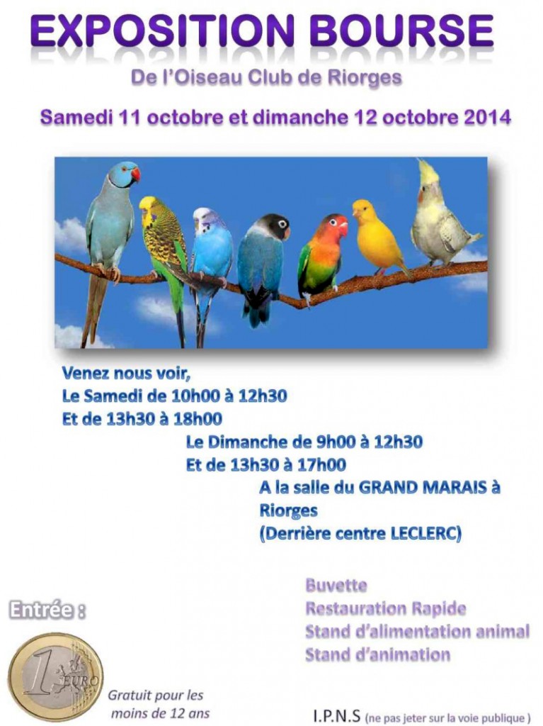 Exposition Bourse aux oiseaux à Riorges (42), du samedi 11 au dimanche 12 octobre 2014