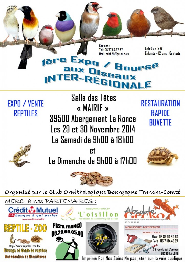 1 ère Expo/Bourse aux oiseaux inter-régionale à Abergement la Ronce (39), du samedi 29 au dimanche 30 novembre 2014