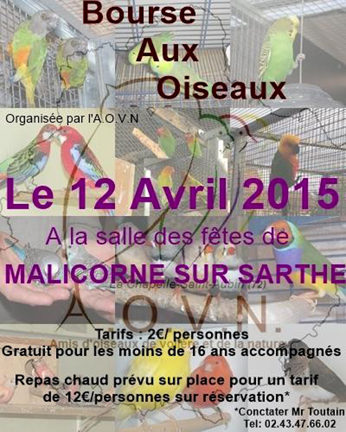 Bourse aux oiseaux à Malicorne sur Sarthe (72), le dimanche 12 avril 2015