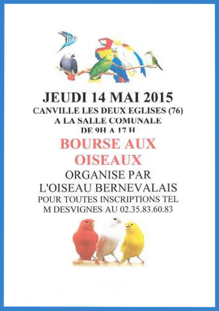 Bourse aux oiseaux à Canville les deux Eglises (76), le jeudi 14 mai 2015