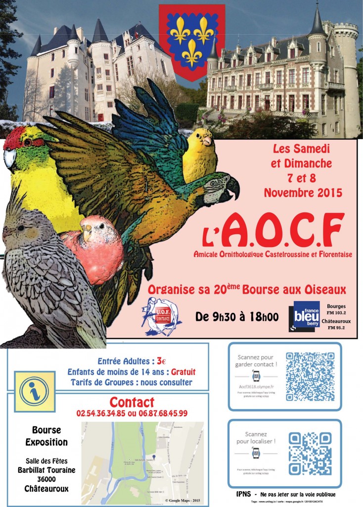 20 ème Bourse aux oiseaux à Châteauroux (36), du samedi 07 au dimanche 08 novembre 2015