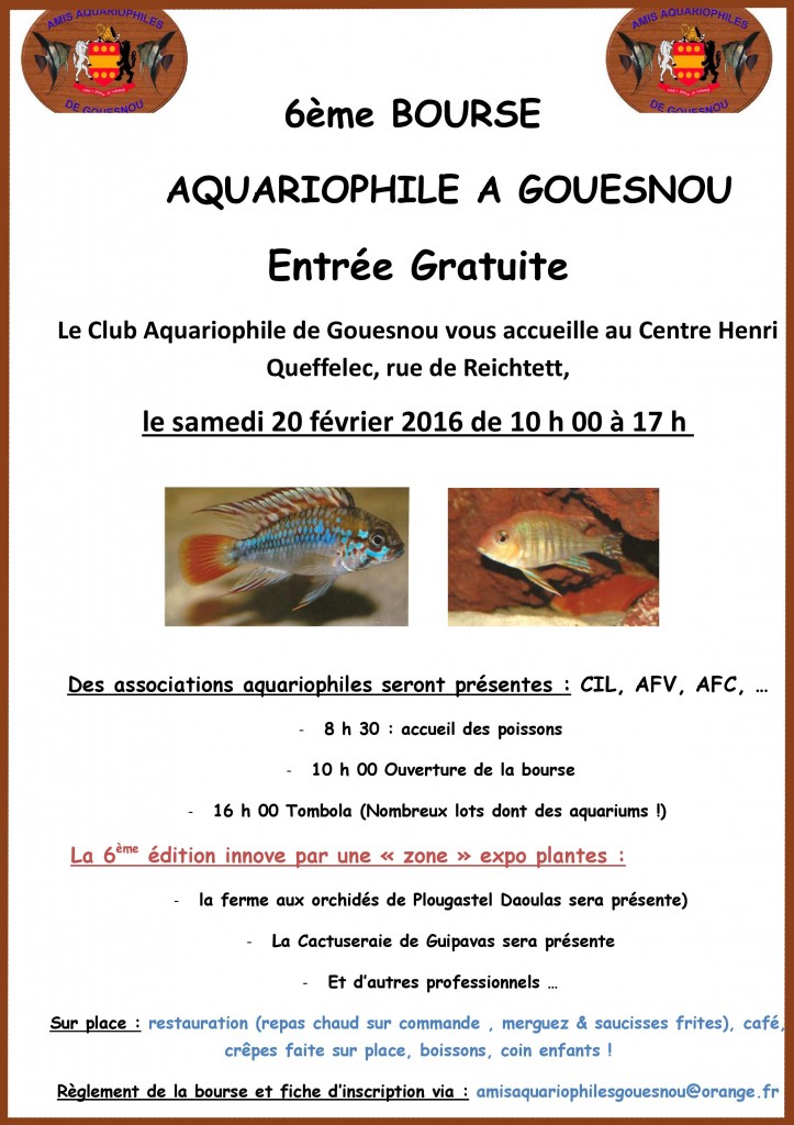 6 ème Bourse aquariophile à Gouesnou (29), le samedi 20 février 2016