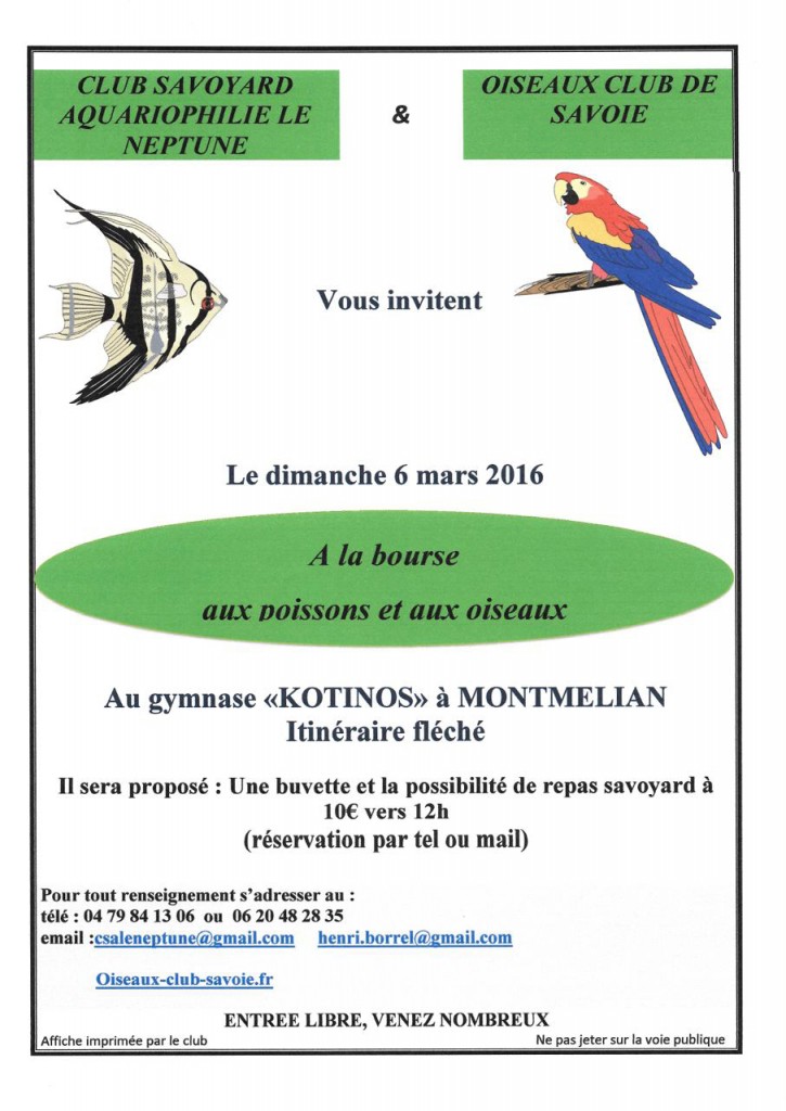 Bourse aux poissons et aux oiseaux à Montmélian (73), le dimanche 06 mars 2016