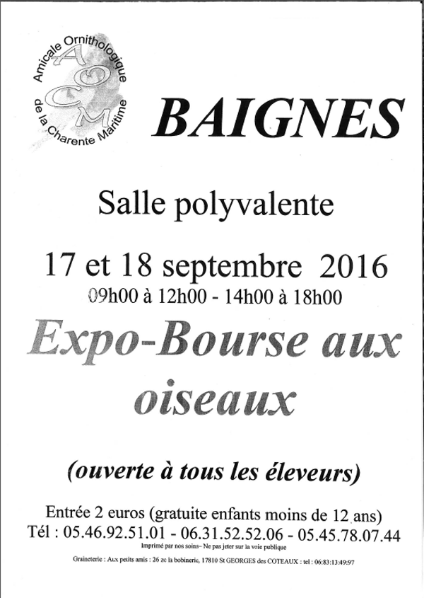 Expo-Bourse aux oiseaux à Baignes (16), du samedi 17 au dimanche 18 septembre 2016
