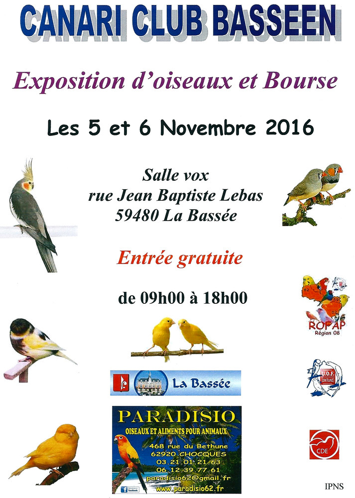Exposition d’oiseaux et Bourse à La Bassée (59), du samedi 05 au dimanche 06 novembre 2016