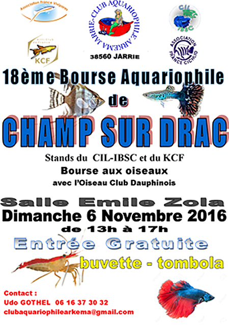 18 ème Bourse aquariophile et Bourse aux oiseaux à Champ-sur-Drac (38), le dimanche 06 novembre 2016