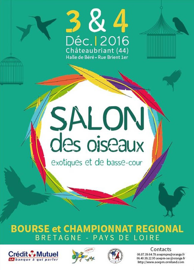 7 ème Salon inter-régional oiseaux exotiques et basse-cour à Châteaubriant (44), du samedi 03 au dimanche 04 décembre 2016