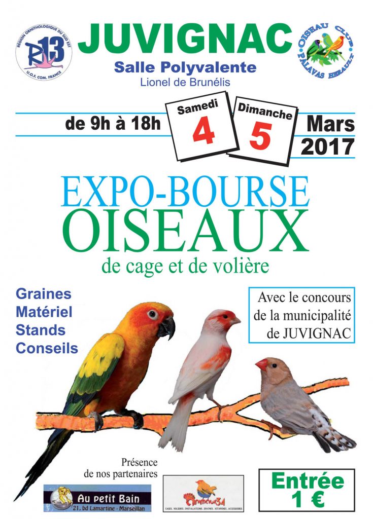 Expo-Bourse d'oiseaux de cage et de volière à Juvignac (34), du samedi 04 au dimanche 05 mars 2017