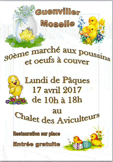 30 ème édition du Marché aux poussins et oeufs à couver à Guenviller (57), le lundi 17 avril 2017