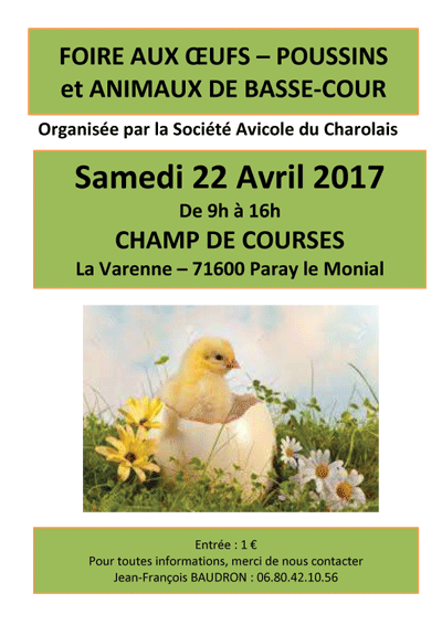 Bourse aux œufs et poussins de races pures à Paray le Monial (71), le samedi 22 avril 2017