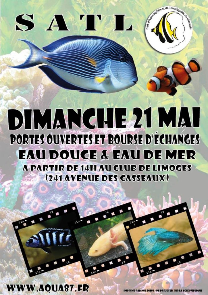 Bourse aquariophile d’échanges eau douce et eau de mer à Limoges (87), le dimanche 21 mai 2017