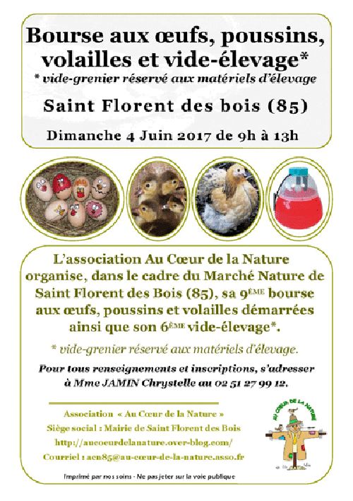 Bourse aux oeufs, poussins, volailles et vide-élevage à Saint Florent des Bois (85), le dimanche 04 juin 2017